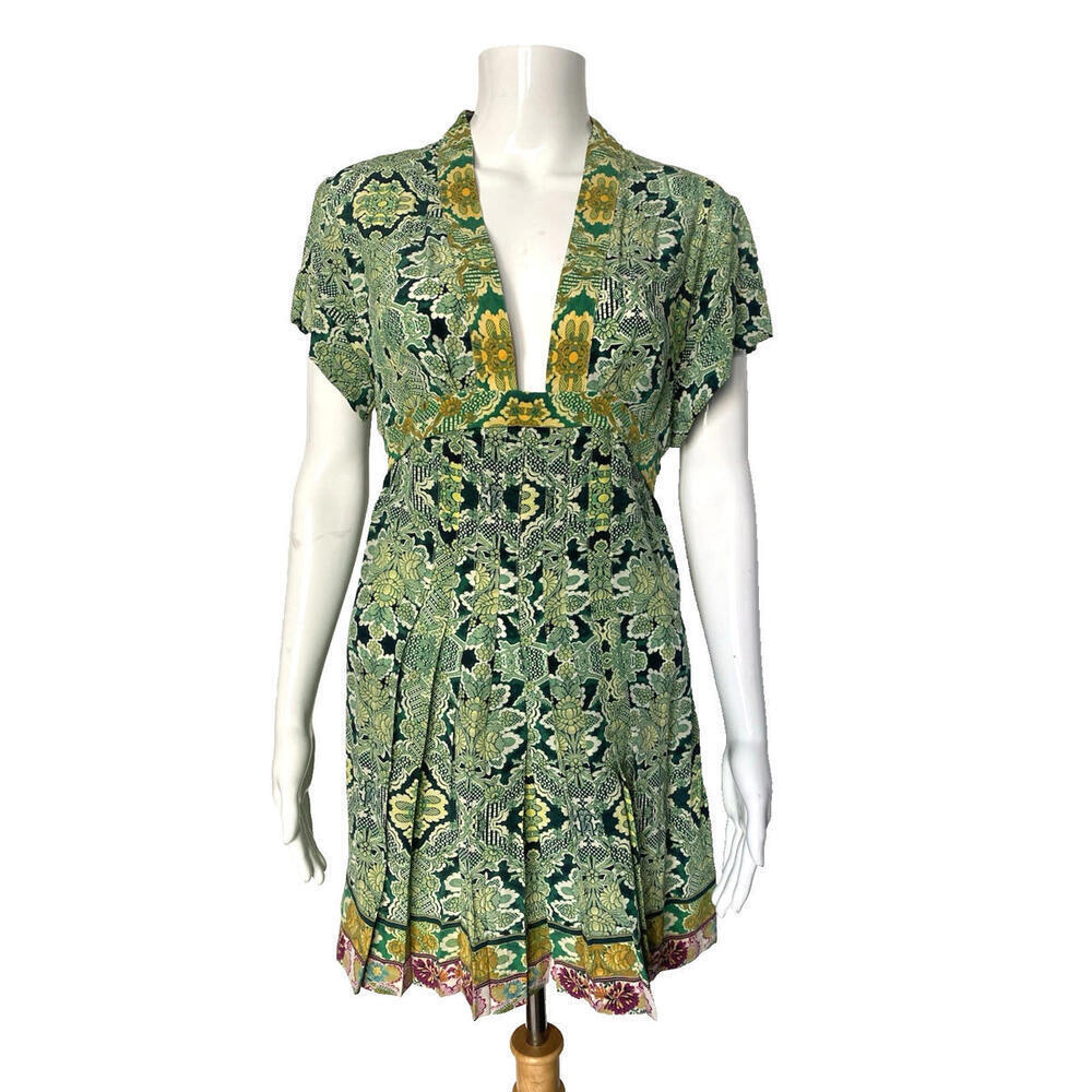 Roberto Cavalli 100% Silk IT-38 Small Green Yellow Floral Mini V-Neck Dress